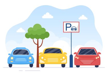Flat Flat Arkaplan Çizgi Filmcilik 'teki Kamu Otoparkında Bilet Resimli Vale Otoparkı ve Çoklu Arabalar