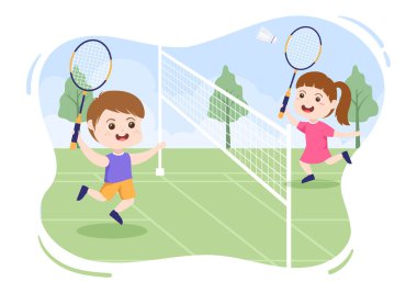 Badminton Player ve Mekiği Sahada Düz Çizgi Film Çizimi. Mutlu Spor Oyunları ve Eğlence Tasarımı