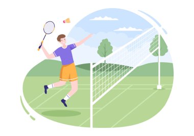 Badminton Player ve Mekiği Sahada Düz Çizgi Film Çizimi. Mutlu Spor Oyunları ve Eğlence Tasarımı