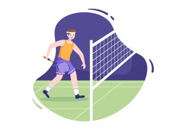 Badminton Player ve Mekiği Sahada Düz Çizgi Film Çizimi. Mutlu Spor Oyunları ve Eğlence Tasarımı