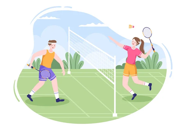 Badminton Player Com Shuttle Court Estilo Plano Cartoon Illustration Feliz — Vetor de Stock