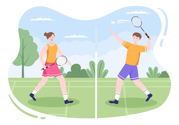 Badminton Player Shuttle Court Flat Style Cartoon Illustration Happy Playing — Vector de stock