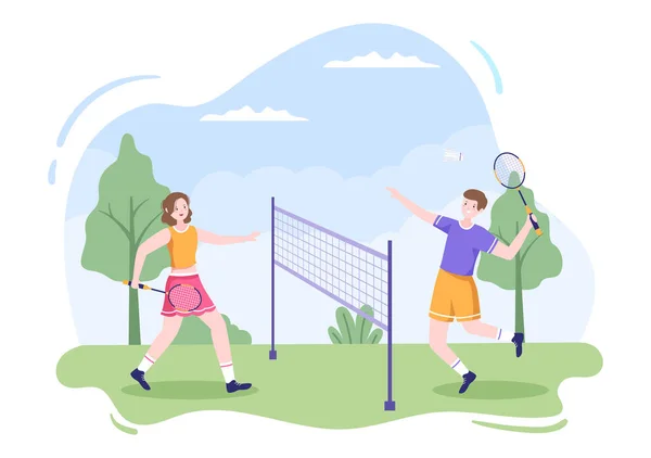 Badminton Player Shuttle Court Flat Style Cartoon Illustration Šťastné Hraní — Stockový vektor