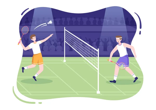 Badminton Player Shuttle Court Flat Style Cartoon Illustration Happy Playing — Vector de stock