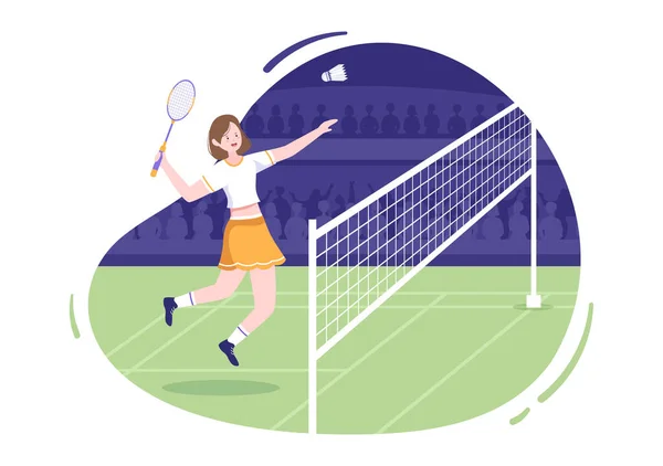 Badminton Player Shuttle Court Flat Style Cartoon Illustration Happy Playing — Vector de stock