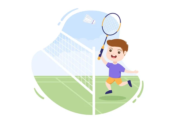 Badminton Player Shuttle Court Flat Style Cartoon Illustration Happy Playing — Stock vektor