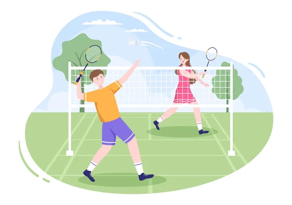 Badminton Player Shuttle Court Flat Style Cartoon Illustration Happy Playing — Vector de stock