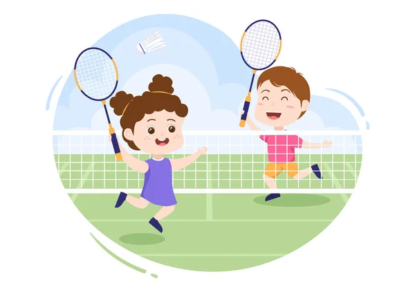 Badminton Player Shuttle Court Flat Style Cartoon Illustration Happy Playing — Stock Vector