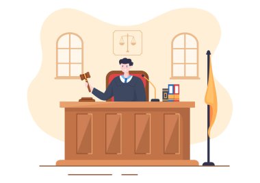 Court Room with Lawyer, Jury Trial, Witness or Judges and the Wooden Judge's Hammer in Flat Cartoon Design Illustration