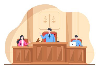 Court Room with Lawyer, Jury Trial, Witness or Judges and the Wooden Judge's Hammer in Flat Cartoon Design Illustration