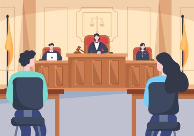 Court Room with Lawyer, Jury Trial, Witness or Judges and the Wooden Judge's Hammer in Flat Cartoon Design Illustration
