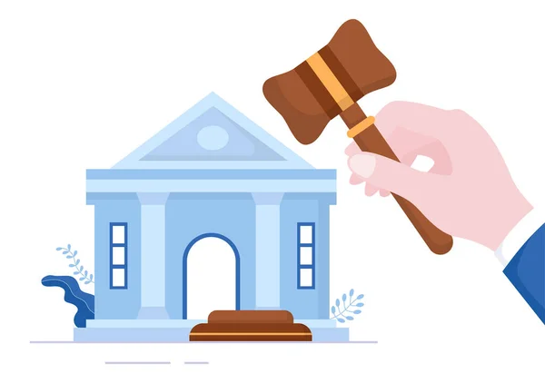 裁判所は フラット漫画のデザインイラストで木製の裁判官ハンマーと正義 決定と法律があります — ストックベクタ