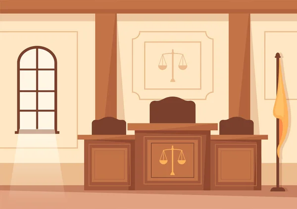Αίθουσα Δικαστηρίου Εσωτερικό Δικαστή Κριτική Επιτροπή Πίνακα Σημαία Και Σφυρί — Διανυσματικό Αρχείο