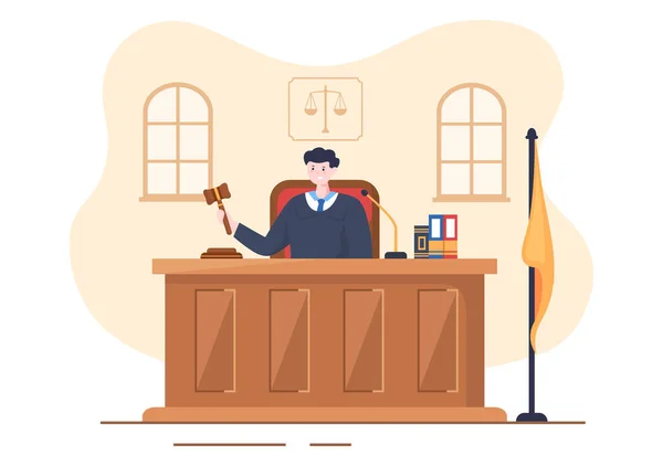 Court Room Lawyer Jury Trial Witness Judges Wooden Judge Hammer — Image vectorielle