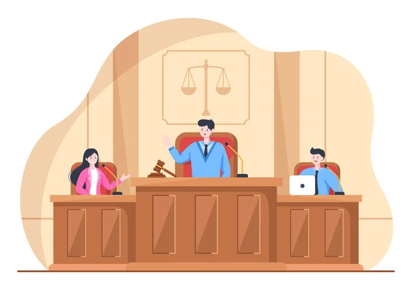 Sala Corte Con Abogado Juicio Del Jurado Testigo Jueces Martillo — Vector de stock