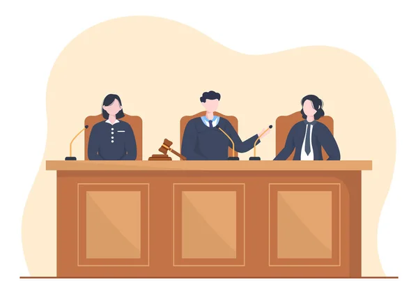 Court Room Lawyer Jury Trial Witness Judges Wooden Judge Hammer — Stock Vector