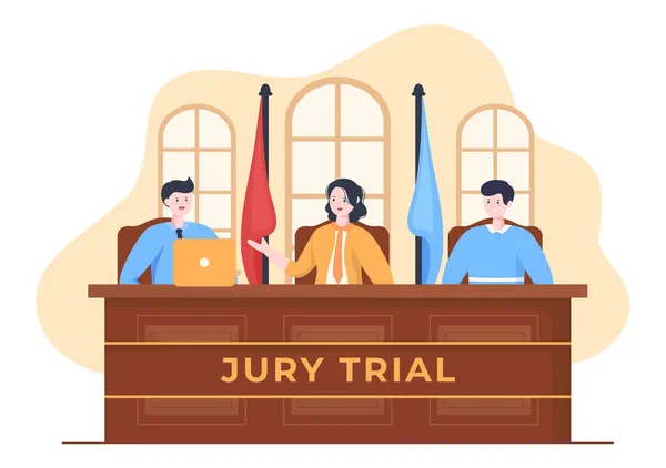 Court Room Lawyer Jury Trial Witness Judges Wooden Judge Hammer — Stock vektor