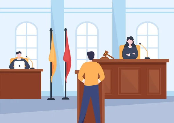 Court Room Lawyer Jury Trial Witness Judges Wooden Judge Hammer — Stockový vektor
