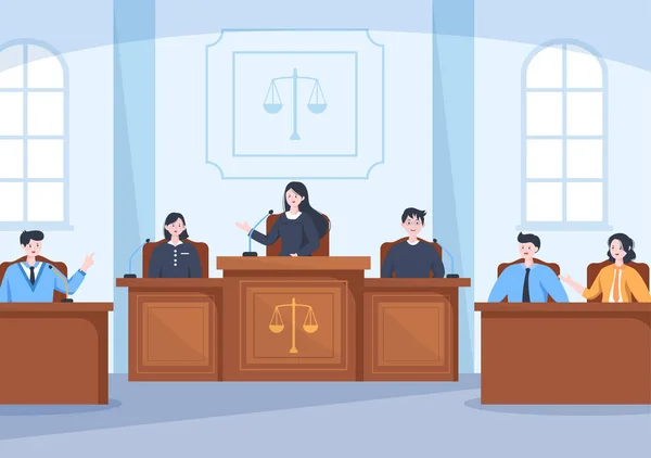 平面卡通设计图解中包含律师 陪审团 证人或法官及木制法官锤的法庭 — 图库矢量图片