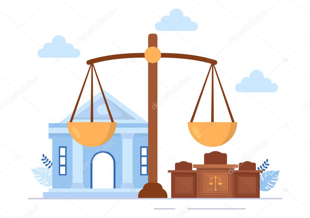 Court there is Justice, Decision and Law with Laws, Scales, Buildings, Wooden Judge Hammer in Flat Cartoon Design Illustration