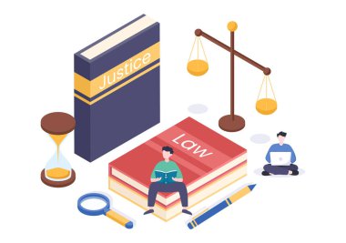 Lawyer, Attorney and Justice with Laws, Scales, Buildings, Book or Wooden Judge Hammer to Consultant in Flat Cartoon Illustration