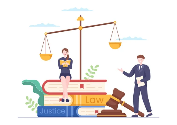Advogado Advogado Justiça Com Leis Escalas Edifícios Livro Martelo Juiz — Vetor de Stock