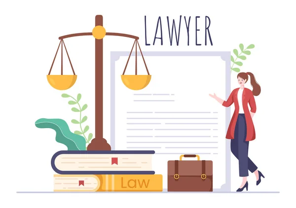 Lawyer Attorney Justice Laws Scales Buildings Book Wooden Judge Hammer — Stock Vector
