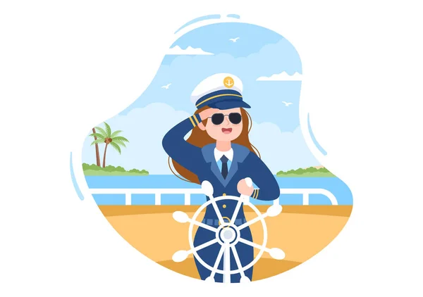 船に乗る 双眼鏡で見る フラットデザインの港に立つセーラームユニフォームの女性クルーズ船キャプテン漫画イラスト — ストックベクタ