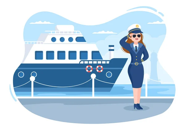Donna Cruise Ship Captain Cartoon Illustrazione Uniforme Marinaio Cavallo Una — Vettoriale Stock