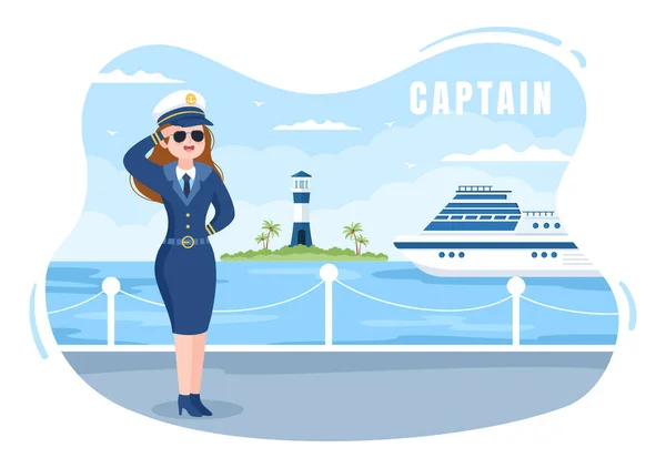 Ilustración Dibujos Animados Capitán Crucero Mujer Uniforme Marinero Montando Barco — Vector de stock