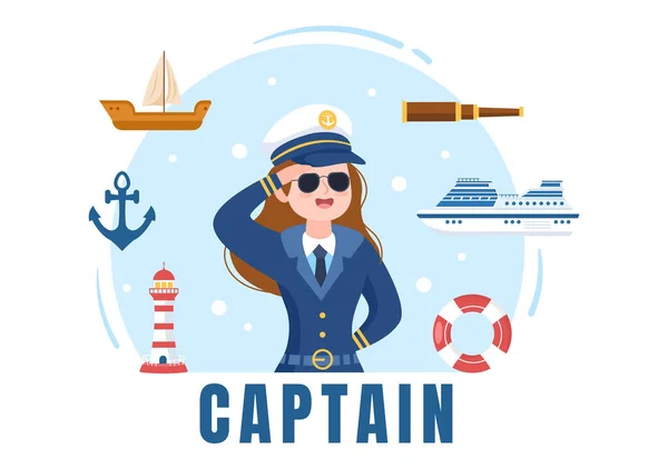 Woman Cruise Ship Captain Cartoon Illustration Sailor Uniform Riding Ships — Stok Vektör