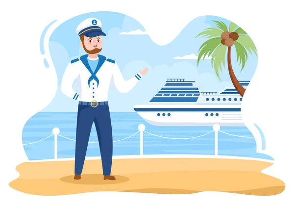 セーラームユニフォームで男クルーズ船キャプテン漫画イラストは 双眼鏡やフラットデザインの港に立って見て 船に乗る — ストックベクタ