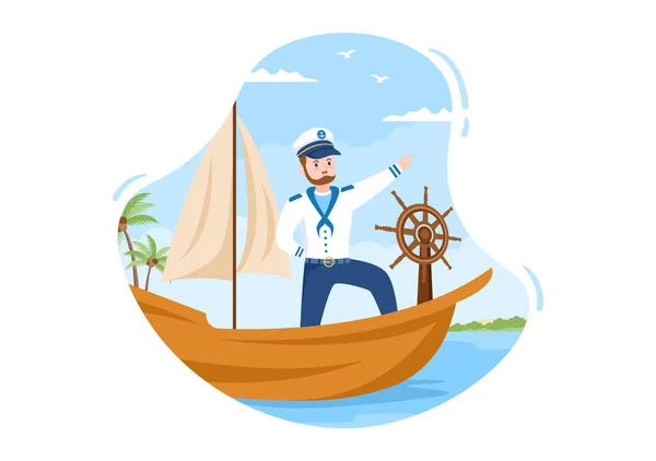 Man Cruise Ship Captain Cartoon Illustration Sailor Uniform Riding Ships — Stok Vektör