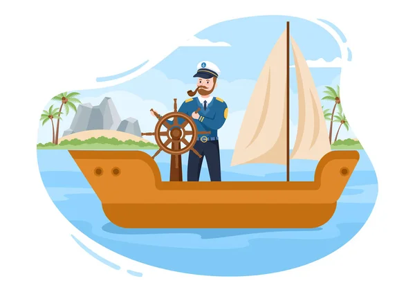 Man Cruise Ship Captain Cartoon Ilustração Sailor Uniforme Montando Navios —  Vetores de Stock
