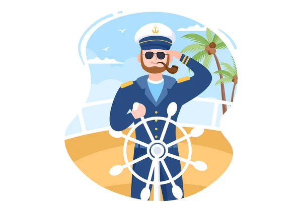 Hombre Crucero Capitán Dibujos Animados Ilustración Uniforme Marinero Montando Barco — Vector de stock