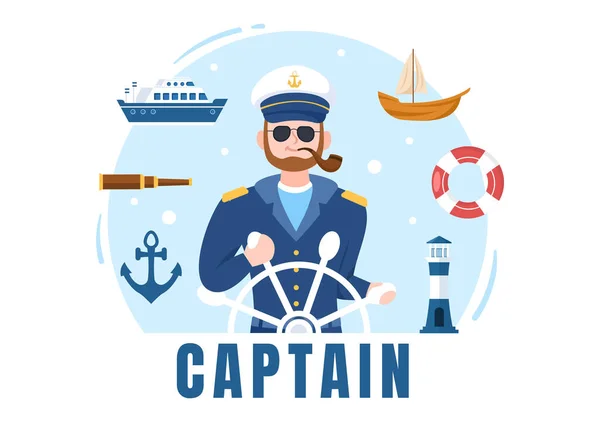 セーラームユニフォームで男クルーズ船キャプテン漫画イラストは 双眼鏡やフラットデザインの港に立って見て 船に乗る — ストックベクタ