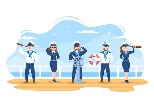 セーラームユニフォームでのクルーズ船の船長漫画イラストフラットデザインで双眼鏡や港に立って見て 船に乗る — ストックベクタ