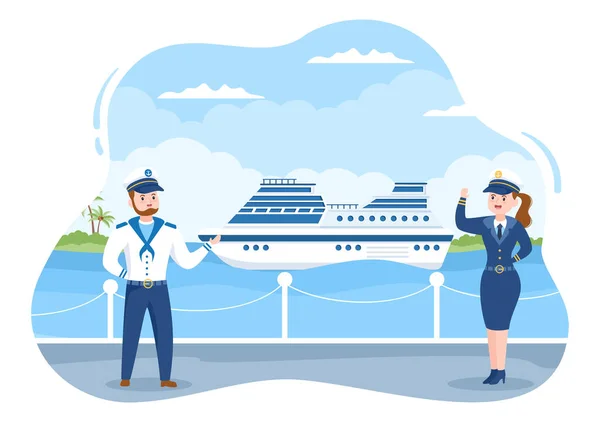 Cruise Ship Captain Cartoon Illustration Sailor Uniform Riding Ships Looking — Stok Vektör