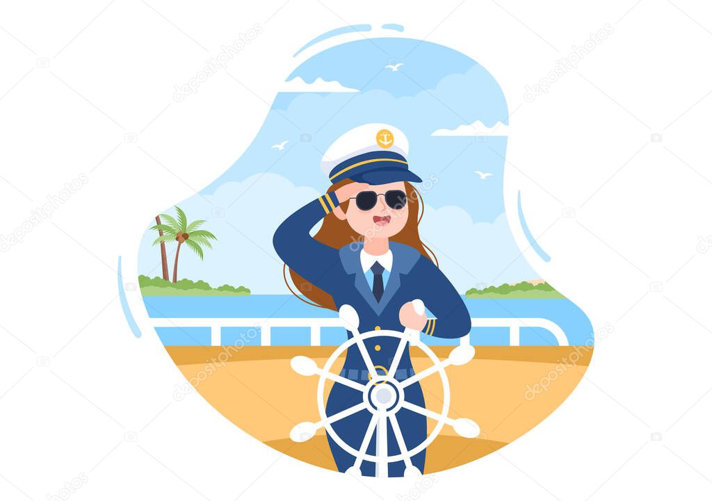 Woman Cruise Ship Captain Cartoon Illustration in Sailor Uniform Riding a Ships, Looking with Binoculars or Standing on the Harbor in Flat Design