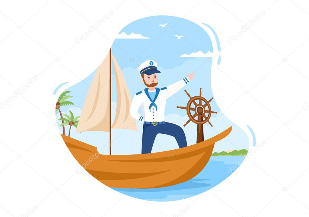 Man Cruise Ship Captain Cartoon Illustration in Sailor Uniform Riding a Ships, Looking with Binoculars or Standing on the Harbor in Flat Design