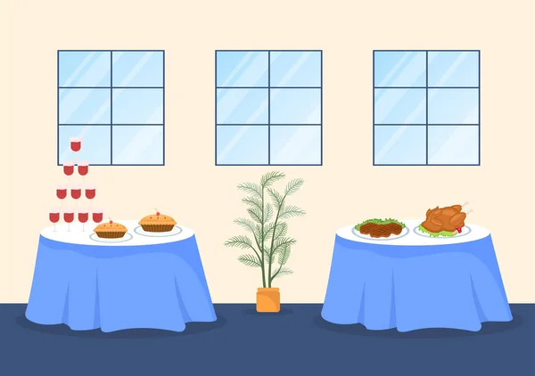 フラット漫画イラストでカフェやレストランでの企業会議 宴会結婚式やパーティーのための人の手とテーブルとケータリングサービス — ストックベクタ
