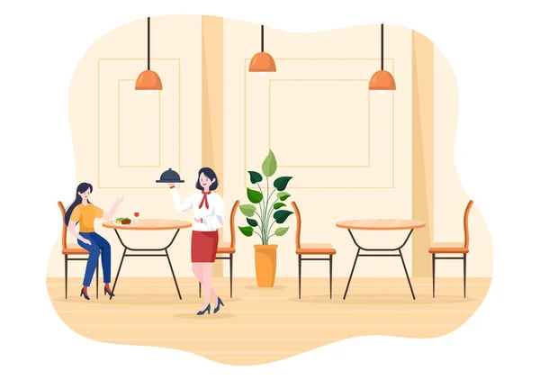 People Eating Talking Drinking Working Tables Cafe Restaurant Flat Cartoon — Image vectorielle