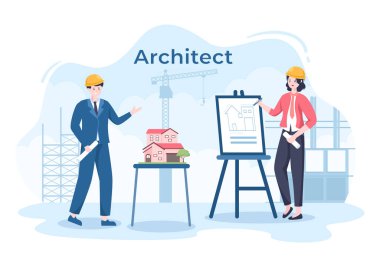 Architect or Engineer Cartoon Illustration using a Multipurpose Board Table to Sketch Building Constructions and Project Miniatures Concept