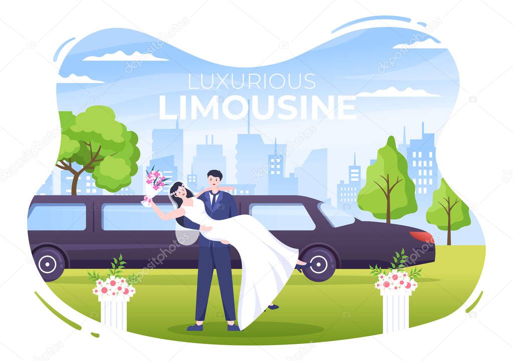 Limousine on Wedding Ceremony with Pictures of Car, Men and Women Wearing Married Dresses in Flat Cartoon Illustration