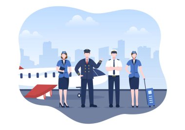 Pilot Karikatür Vektör Çizimi Uçak, Hava Hostesi, Şehir veya Havalimanı Arkaplan Tasarımı