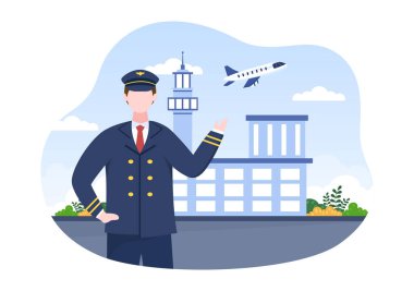 Pilot Karikatür Vektör Çizimi Uçak, Hava Hostesi, Şehir veya Havalimanı Arkaplan Tasarımı