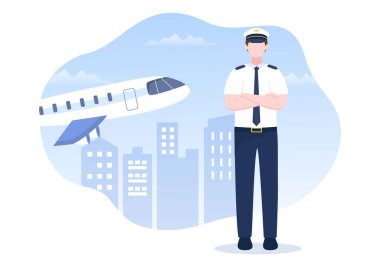 Pilot Karikatür Vektör Çizimi Uçak, Hava Hostesi, Şehir veya Havalimanı Arkaplan Tasarımı