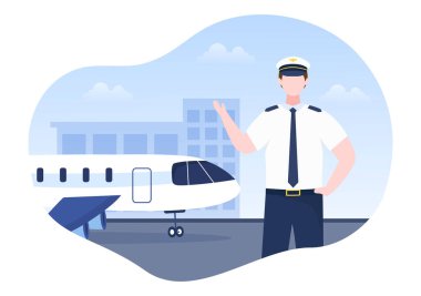Pilot Karikatür Vektör Çizimi Uçak, Hava Hostesi, Şehir veya Havalimanı Arkaplan Tasarımı