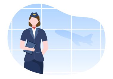 Mavi üniformalı hostes ya da hostes ve Cartoon Vector Illustration 'daki havaalanında çanta taşıyor.