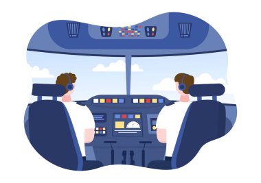 Pilot 'un Çizgi film Vektör Çiziminde Uçağı İçeriye Sürmek için Kontrol Panelinin önünde oturduğu Uçak Kokpiti
